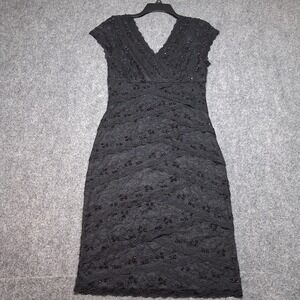 Cindy USA Black Lace Beaded Tiered V-Neck Cocktail Dress Womens Medium LBD
